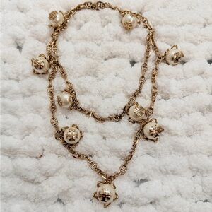 Tory Burch EUC statement gold plated Long or 2x wrapped necklace pearl logo
